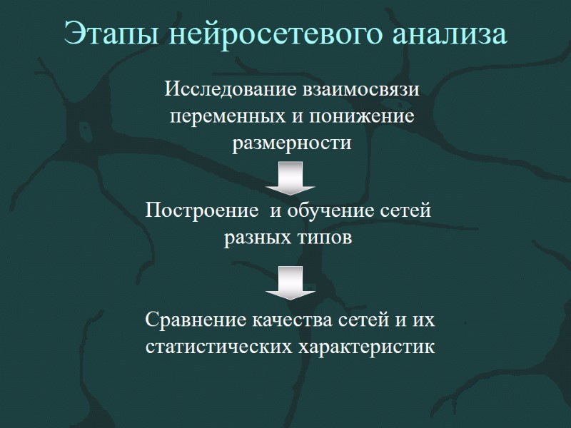 Этапы нейросетевого анализа Исследование взаимосвязи переменных и понижение размерности Построение  и обучение сетей